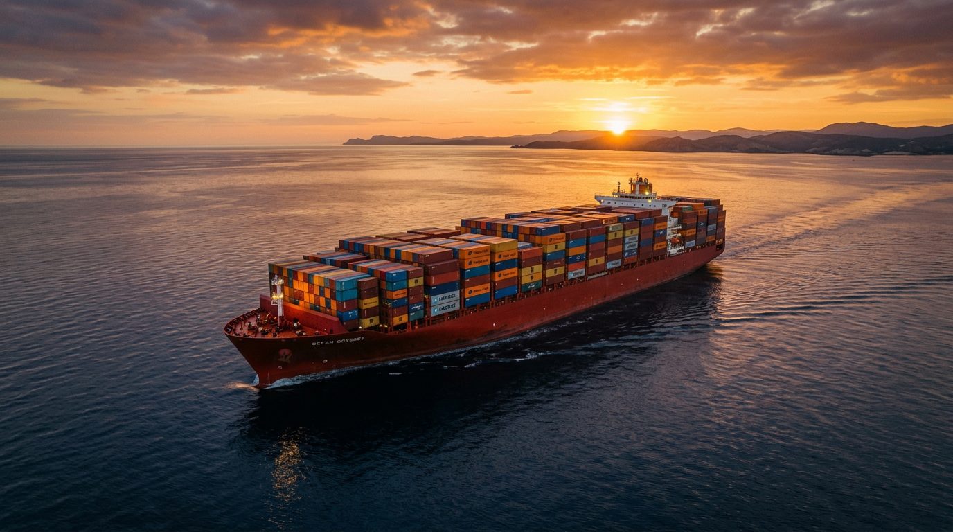 Porte-conteneurs chargé naviguant au coucher du soleil