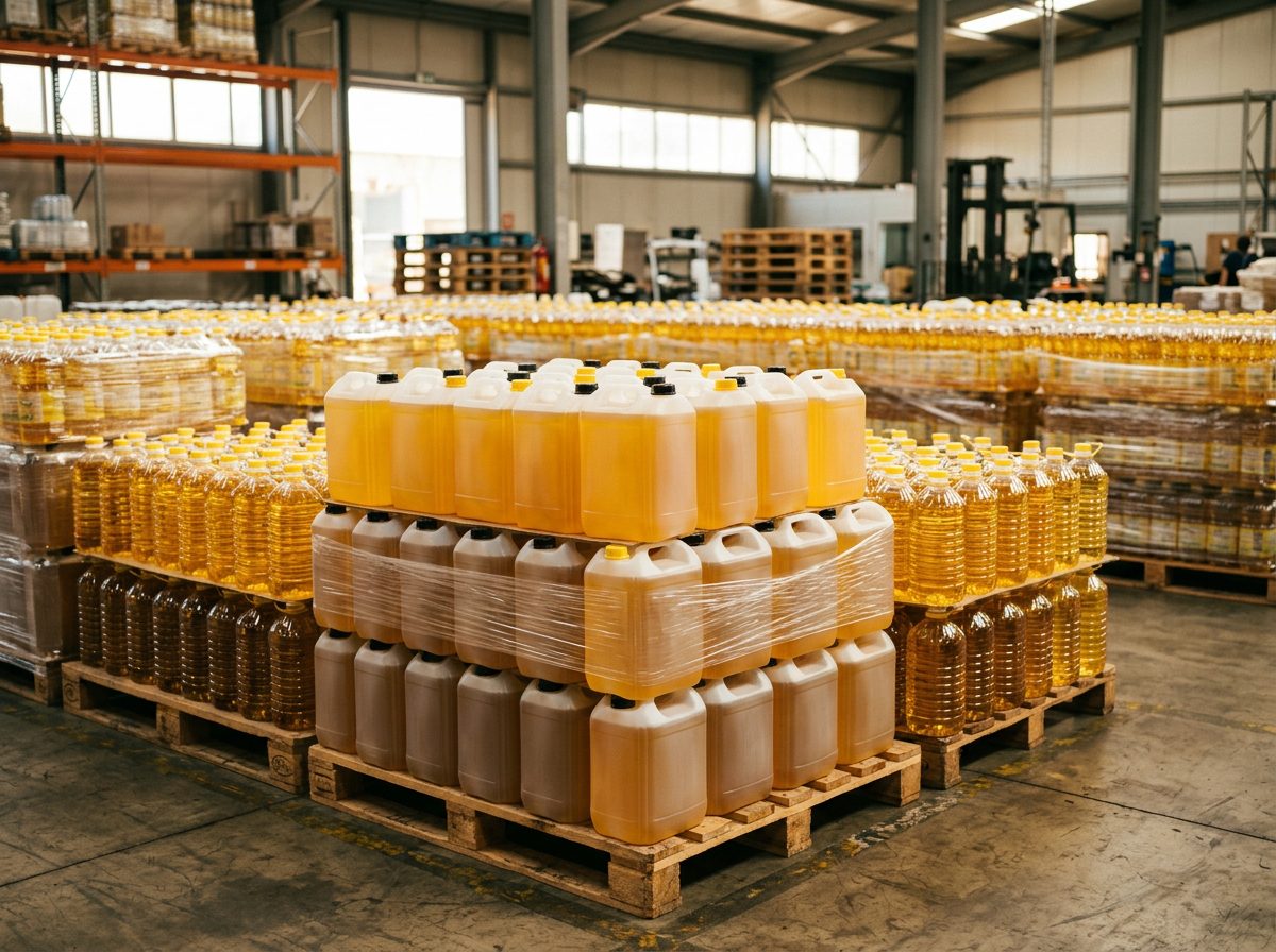 Bouteilles et bidons d'huile végétale sur palettes
