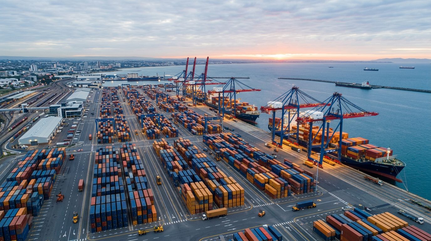 Terminal portuaire avec conteneurs et grues