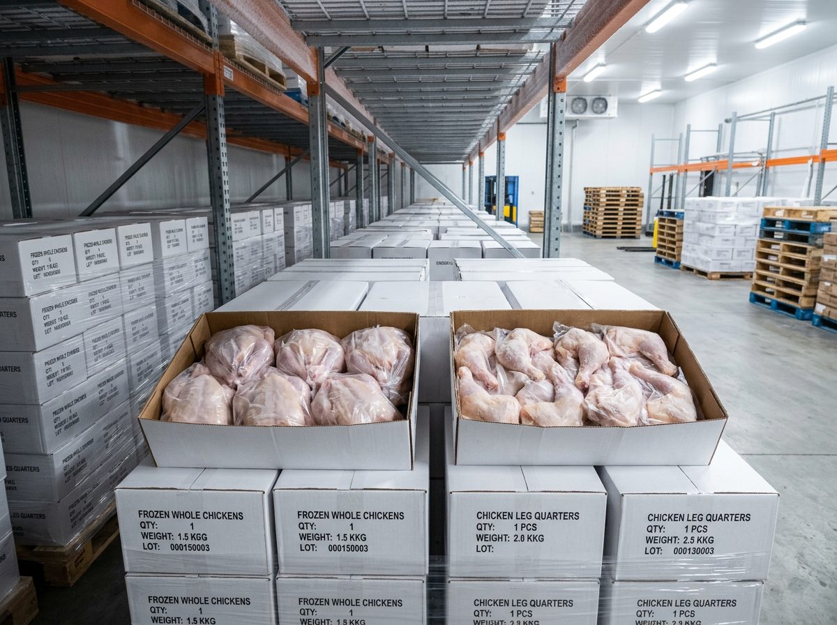 Cartons de poulets congelés en entrepôt frigorifique