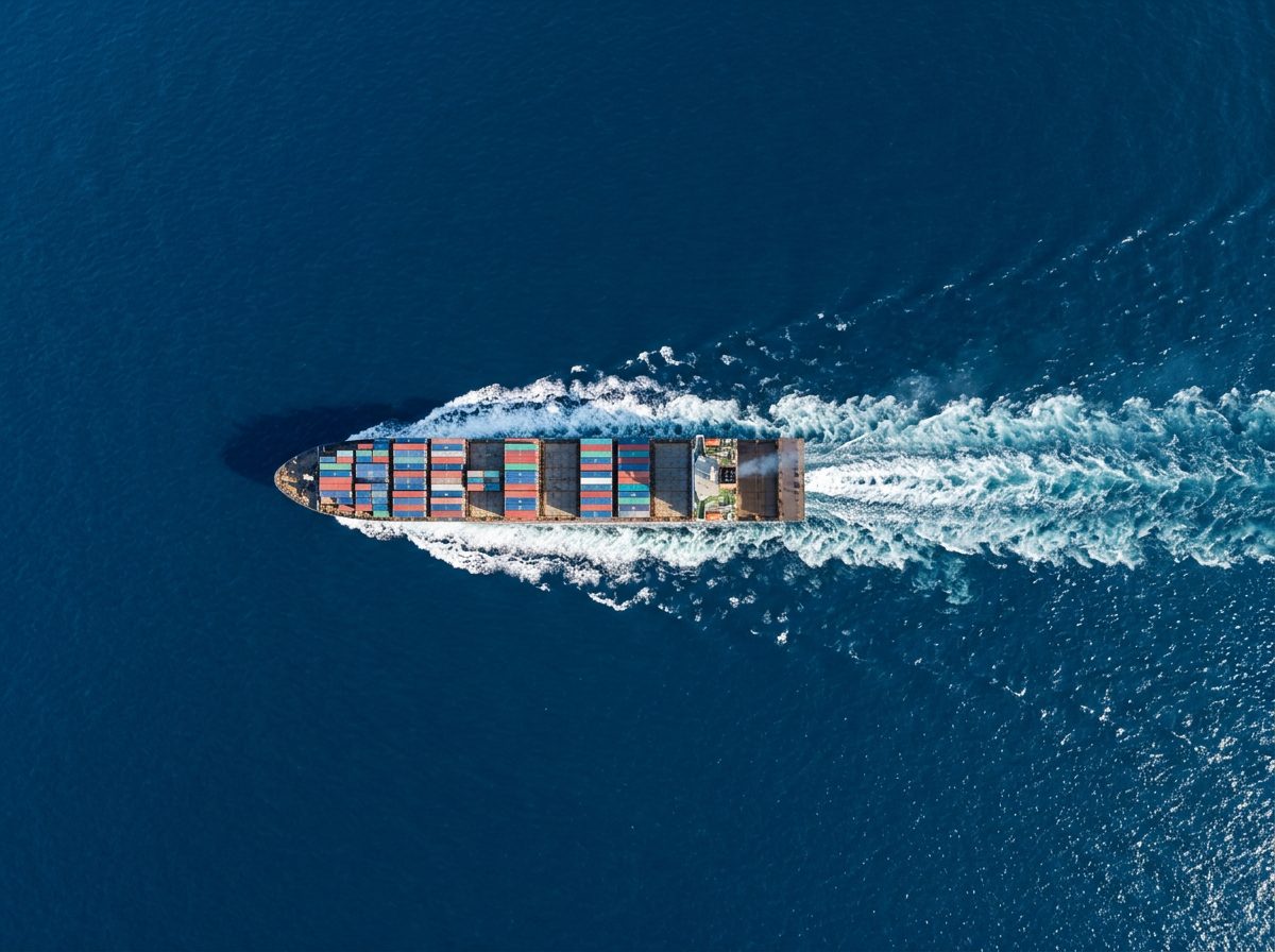 Vue aérienne d'un porte-conteneurs en pleine mer