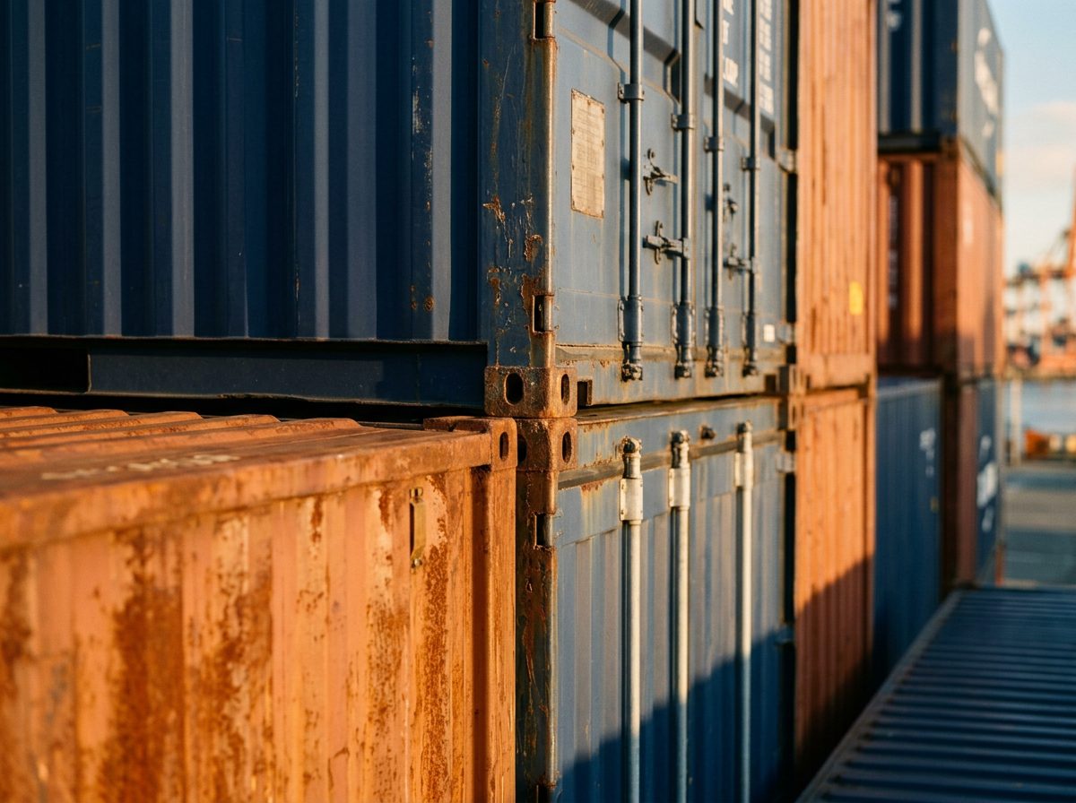 Conteneurs maritimes empilés bleu marine et rouille
